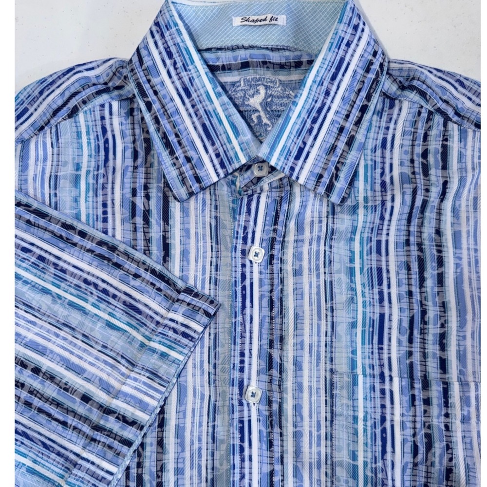 Bugatchi Blue, Light Blue and White Striped Short Sleeve Button-Down Shirt